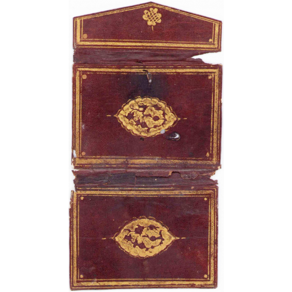 Osmanlı dönemi altın tezhipli, şemseli, mıklepli yazma cildi, küçük boy 5x8, açık hali 5x15 cm