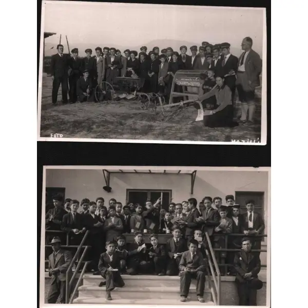 Nazilli Mektebi öğrencilerinin eğitim esnasında çekilen 2 adet toplu hatıra fotoğrafı, Foto A. Rıza Nazilli damgalı, 9x14 cm