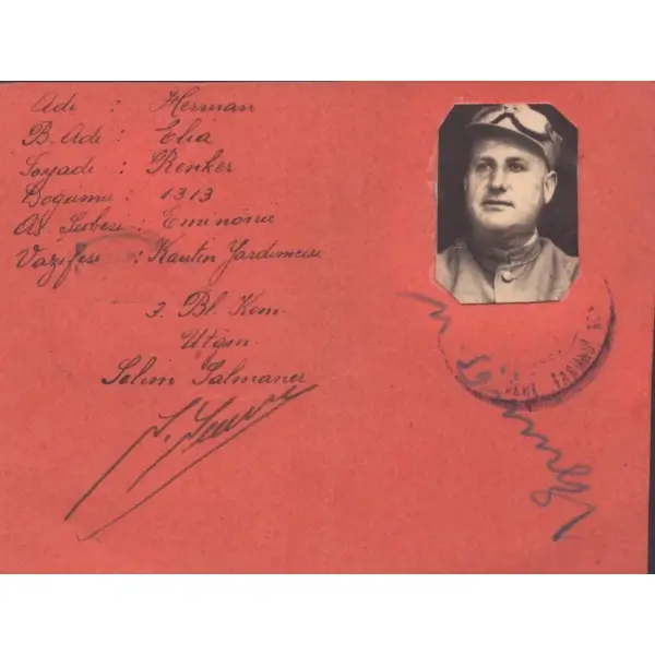 Elia Oğlu Hermann [Rosenthal]´e ait asker kimlik kartı ile Hermann Rosenthal ve Lydia Blumenthal´e ait kartlar (3 adet), en büyüğü: 7x10 cm