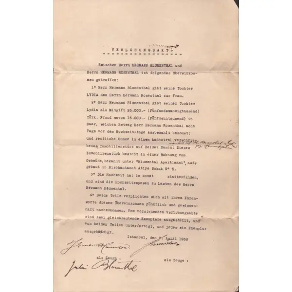 Hermann Blumenthal  ve Lydia Rosenthal´in düğününe ait Almanca evlilik anlaşması, ıslak imzalı, 7 Nisan 1932, 21x33 cm