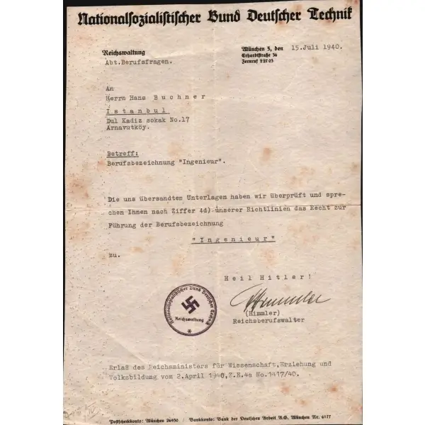 Gebhard Ludwig Himmler ıslak imzalı Almanca evrak, 1940, 20x28 cm