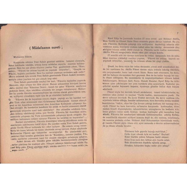 TEVFİK FİKRET MEHMET AKİF KAVGASI (Tevfik Fikret Aleyhinde Neşriyattan Doğan Dava Münasebetiyle Hazırladığım Müdafaaname), Sabiha Zekeriya Sertel, Tan Matbaası, İstanbul - 1940, 24 sayfa, 15x23 cm