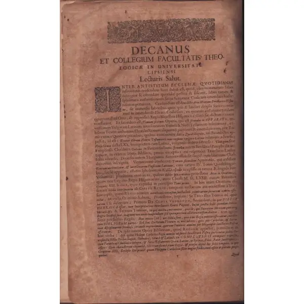 BİBLA UNİVERSA ET HEBRAİCA QUİDEM CUM LATİNA INTERPRETATİONE XANTİS PAGNİNİ LUCENSİS, Lipsiae (Leipzig) 1657, 183 + 283 s., 28x39 cm