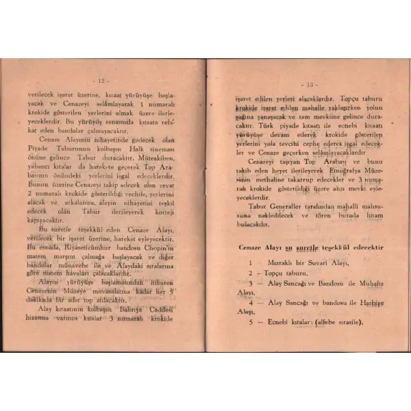 ATATÜRK´E YAPILACAK CENAZE TÖRENİNE AİT ESAS PROGRAMDIR, T.C. Hariciye Vekâleti, Ankara 1938, 14 s., 12x17 cm
