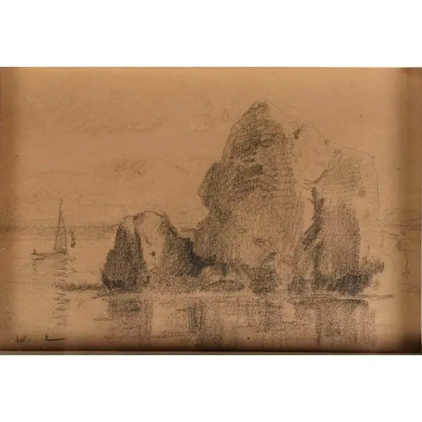 Ressam Hoca Ali Rıza imzalı, kâğıt üzerine karakalem yelkenli ve adalar çizimi, çerçevesi Niyazi Sayın üretimi, çerçeve: 30x38 cm