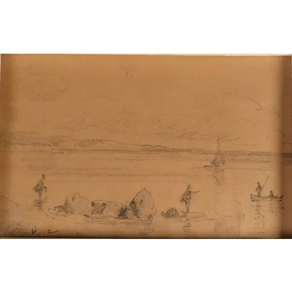 Ressam Hoca Ali Rıza imzalı, kâğıt üzerine karakalem yelkenli ve balıkçılar çizimi, çerçevesiyle birlikte, 30x38 cm