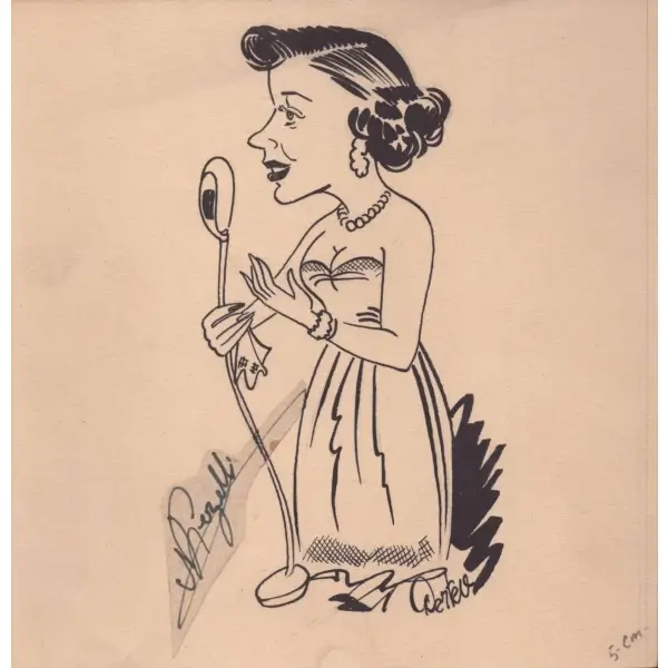 Pertev [Ertün] imzalı, şarkı söyleyen kadın karikatürü, 18x18 cm