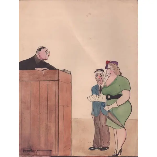 Pertev [Ertün] imzalı, duruşma salonu konulu renkli karikatür, 25x32 cm