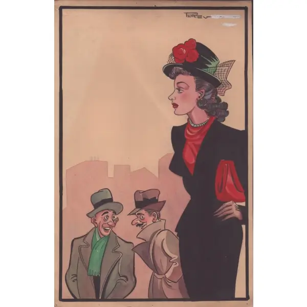 Pertev [Ertün] imzalı, kadın konulu renkli karikatür, 27x40 cm