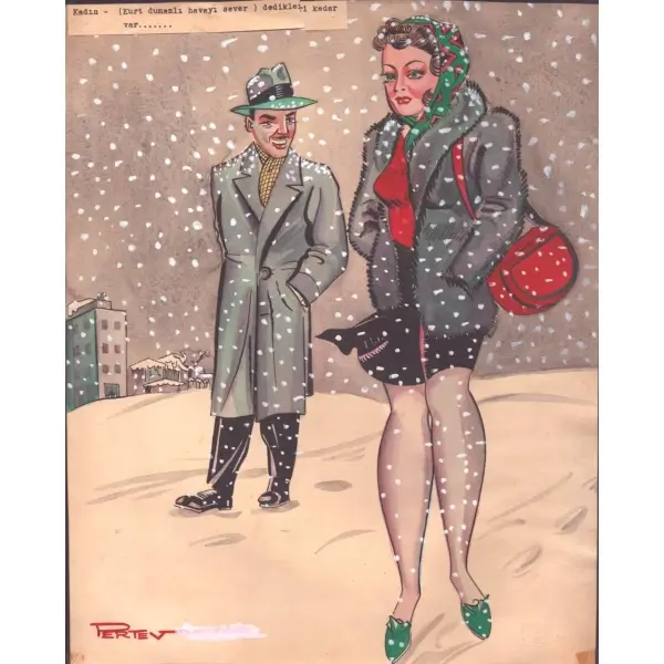 Pertev [Ertün] imzalı, kar temalı renkli karikatür, 28x34 cm