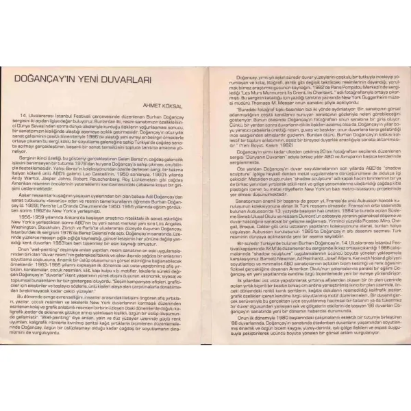 Burhan Doğançay Resim Sergisi tanıtım broşürü, Atatürk Kültür Merkezi Sanat Galerisi, 1986, 14x20 cm