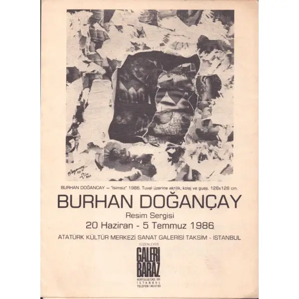 Burhan Doğançay Resim Sergisi tanıtım broşürü, Atatürk Kültür Merkezi Sanat Galerisi, 1986, 14x20 cm