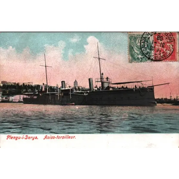 Osmanlı donanmasına mensup Nimet sınıfı torpil gambotu Peleng-i Derya, postadan geçmiş