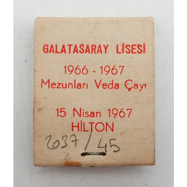 1966-1967 Galatasaray Lisesi mezunları veda çayı hatırası kibrit kutusu, 5x4x1 cm