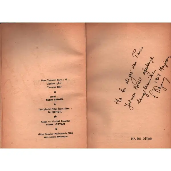 HA BU DİYAR, Fikret Otyam, 1957, Dost yayınları, 68 + sayfa, 12 X 16,5 cm… İTHAFLI VE İMZALI…