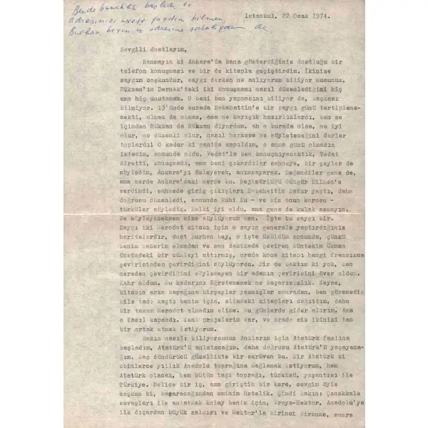 AZRA ERHAT´tan Edebiyat Öğretmeni RÜKSAN GÜNAYSU´ya yazılmış 22 Ocak 1974 tarihli mektup…