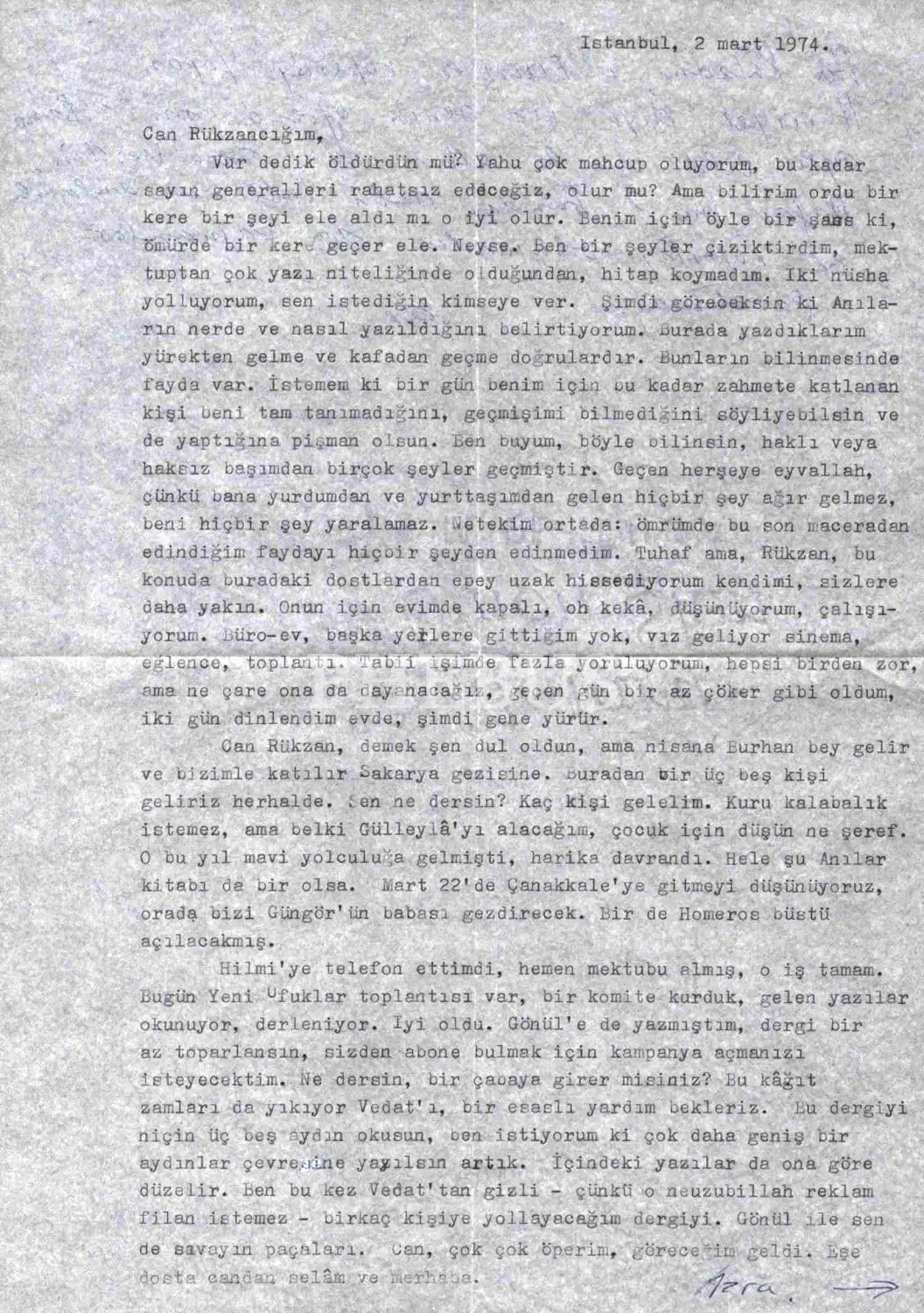 AZRA ERHAT´tan Edebiyat Öğretmeni RÜKSAN GÜNAYSU´ya yazılmış 2 Mart 1974 tarihli mektup…