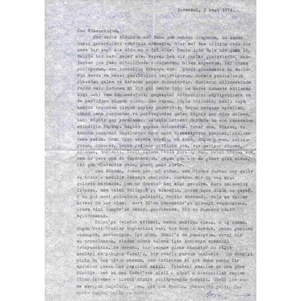 AZRA ERHAT´tan Edebiyat Öğretmeni RÜKSAN GÜNAYSU´ya yazılmış 2 Mart 1974 tarihli mektup…