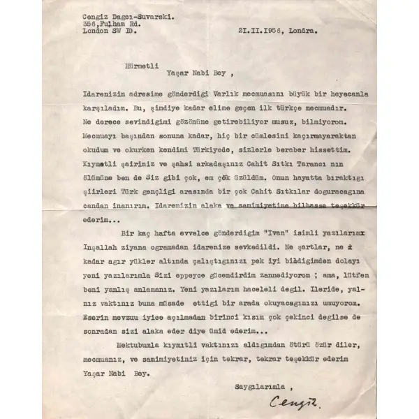 Kırımlı Türk Yazar CENGİZ DAĞCI’dan YAŞAR NABİ NAYIR´a gönderilmiş, CAHİT SITKI TARANCI´nın ölümüyle ilgili taziyelerini bildiren mektup, 20 X 25 cm…