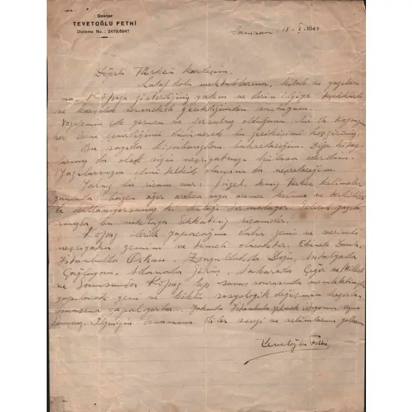 Türkçü yazar ve şair FETHİ TEVETOĞLU´nun el yazısı ve imzasıyla, 1943 tarihli mektup, 23 X 30 cm…