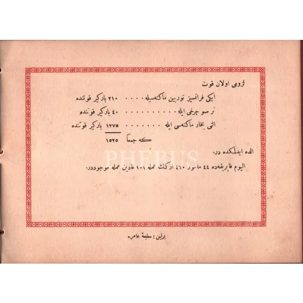 Berlin´de bulunan Köln-Rottweil Şirket-i Müttehidesi Barut Fabrikası hakkında, Osmanlı ziyaretçiler için tanıtım rehberi, Matbaa-i Amire, Berlin 1911, 10 s., 16x22 cm