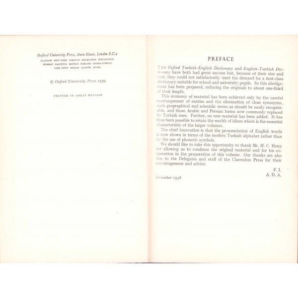 The Concise Turkish Dictionary, ed., A. D. Alderson - Fahir İz, Oxford, 1959, 806 sayfa, 12x18 cm