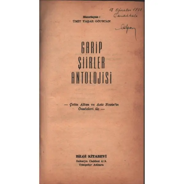 GARİP ŞİİRLER ANTOLOJİSİ, hazırlıyan: Ümit Yaşar Oğuzcan, Bilgi Kitabevi, 1958, 79 sayfa, 12x19 cm
