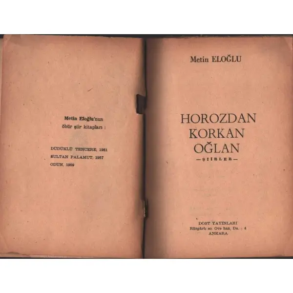 HOROZDAN KORKAN OĞLAN (Şiirler), Metin Eloğlu, Dost Yayınları, 58 sayfa, 12x17 cm