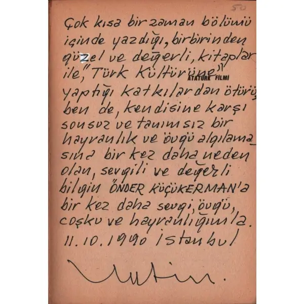 ATATÜRK FİLMİ, Metin Erksan, Hil Yayın, Mayıs 1989, 76 sayfa, 14x20 cm, İTHAFLI VE İMZALI