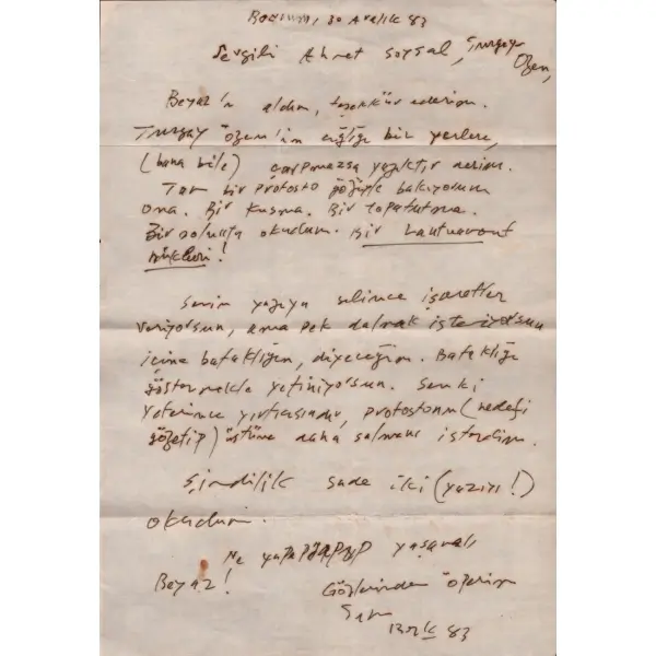 İlhan Berk´in Ahmet Soysal ile Turgay Özen´e hitaben kaleme aldığı 30 Aralık 1983 tarihli, imzalı mektup, 16x22 cm