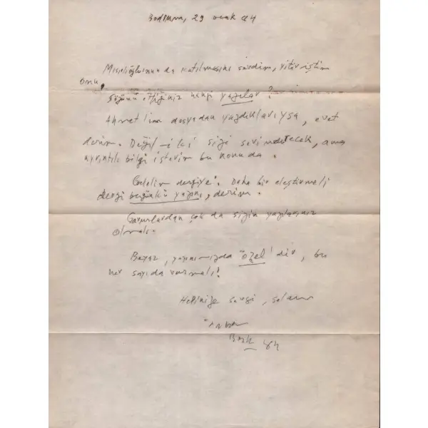 İlhan Berk´in Turgay Özen´e hitaben kaleme aldığı 29 Ocak 1984 tarihli, imzalı mektup, 22x28 cm