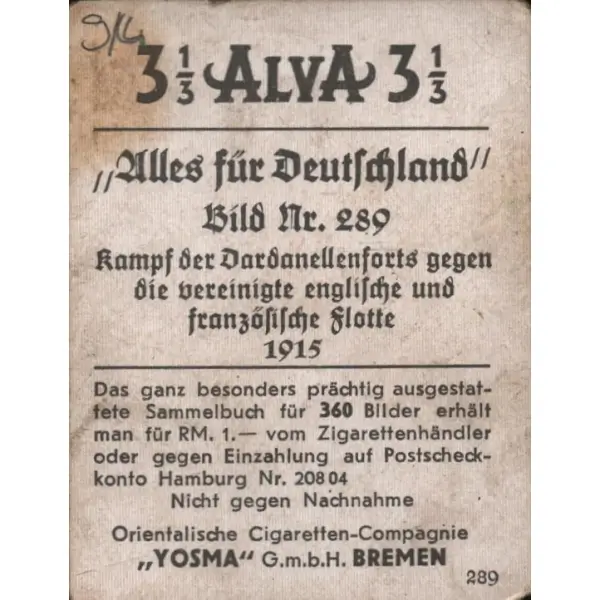 I. Dünya Savaşı Çanakkale Cephesi (25 Nisan 1915), Alya, Orientalische Cigaretten Compagnie [Oryantal Sigara Şirketi], 5x6 cm