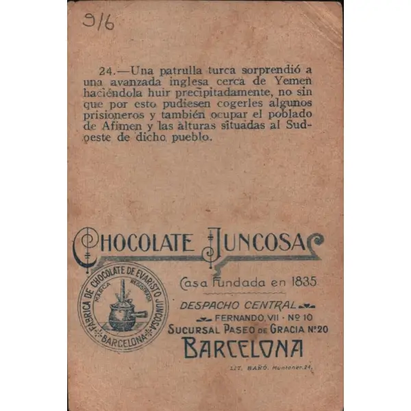 Türkler ve İngilizler cephede çatışırken görselli İspanyolca çikolata kartı, Chocolate Juncosa, Barcelona 1835, 7x11 cm