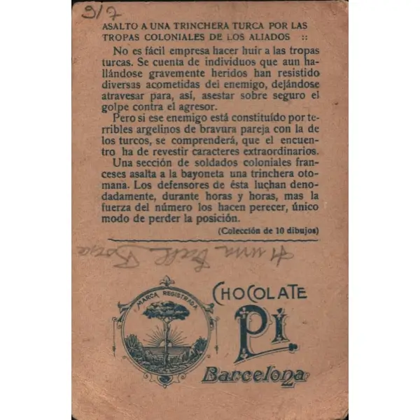Müttefikler tarafından Türk siperine saldırı görselli İspanyolca çikolata kartı, Chocolate Juncosa, Barcelona 1835, 7x11 cm