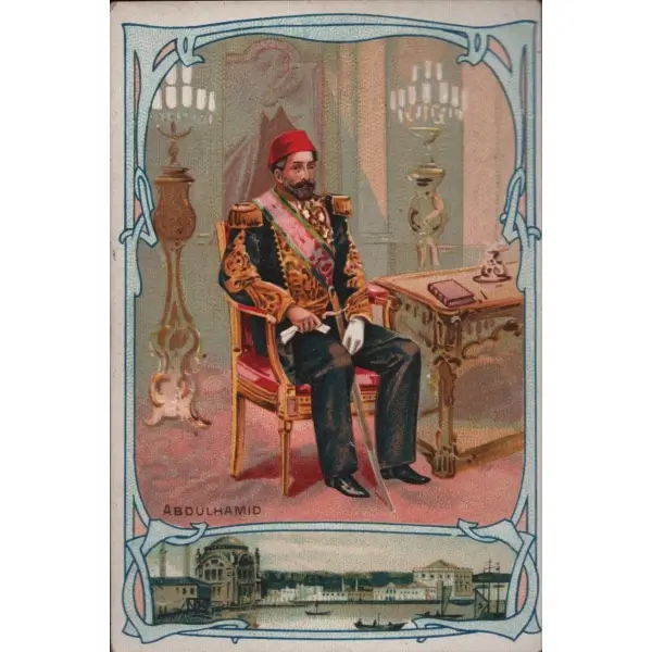 Osmanlı İmparatorluğu´nun 34. padişahı II. Abdülhamid görselli Fransızca çikolata kartı, La Grande Trappe, 7x11 cm