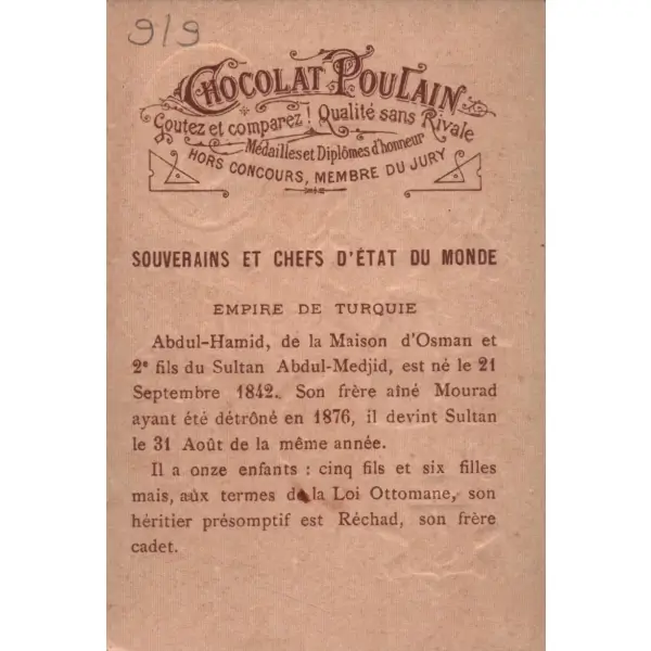 Padişahın [II. Abdülhamid] ramazanın ilk günü camiye gitmesi görselli Fransızca çikolata kartı, Chocolat Poulain, 7x11 cm