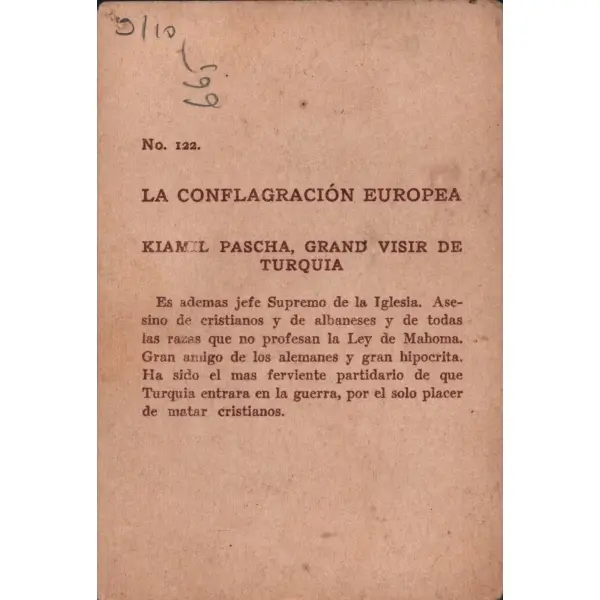 Sadrazam Kıbrıslı Mehmet Kâmil Paşa görselli Fransızca çikolata kartı, Chocolates Fınos La Estrella, 8x12 cm