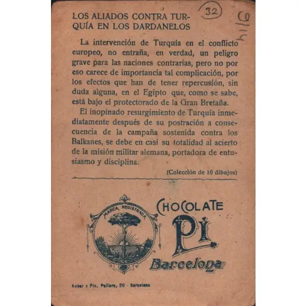 I. Dünya Savaşı Çanakkale Cephesi Sultan Mehmed Reşad görselli İspanyolca çikolata kartı, Chocolate Pi, ed. Auber y Pin, 7x11 cm