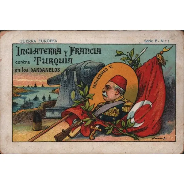 I. Dünya Savaşı Çanakkale Cephesi Sultan Mehmed Reşad görselli İspanyolca çikolata kartı, Chocolate Pi, ed. Auber y Pin, 7x11 cm