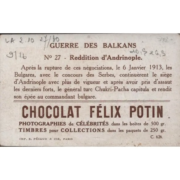 “Edirne Müdafii” olarak anılan Mehmed Şükrü Paşa görselli Fransızca çikolata kartı, Chocolat Felix Potin, ed. E. Pecaud&Cie, Paris, 7x11 cm