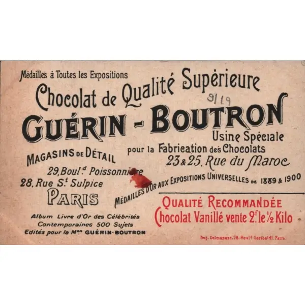 Hidiv Paşası görselli Fransızca çikolata kartı, Chocolat Guérin-Boutron, ed. Delmasure, Paris, 7x11 cm