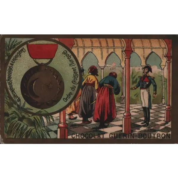 Osmanlı Nişanı görselli Fransızca çikolata kartı, Chocolat Guérin-Boutron, ed. Herold, Paris, 7x11 cm