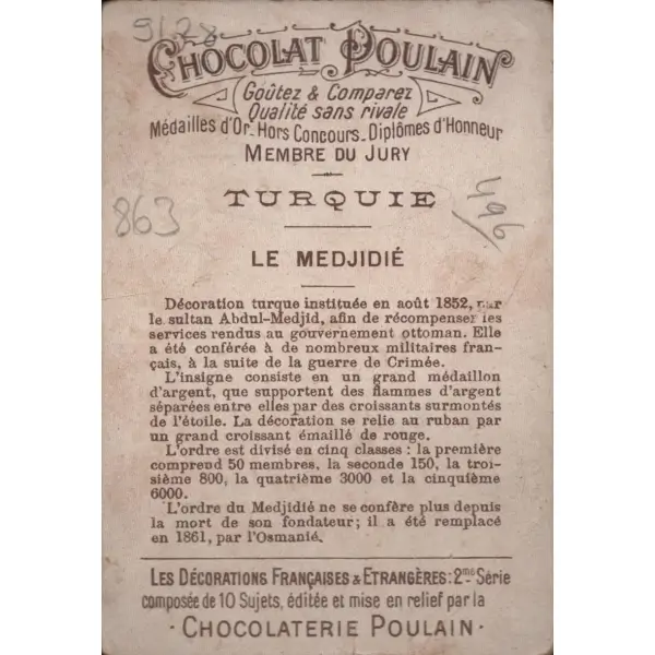 Mecidiye Nişanı görselli Fransızca çikolata kartı, Chocolat Poulaın, 7x11 cm