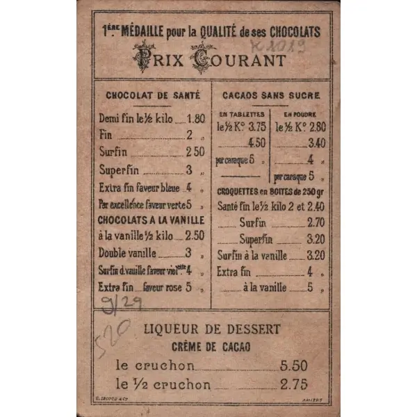 Osmanlı nişanları görselli Fransızca çikolata kartı, 7x11 cm