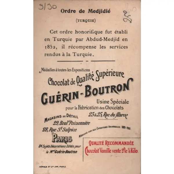 Mecidiye Nişanı görselli Fransızca çikolata kartı, Chocolat Guérin-Boutron, ed. Herold Imp. Paris, 7x11 cm