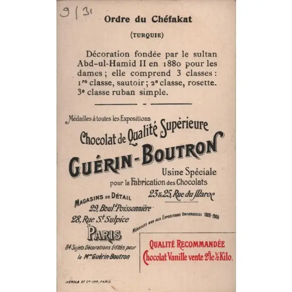 Şefkat Nişanı görselli Fransızca çikolata kartı, Chocolat Guérin-Boutron, ed. Herold, Paris, 7x11 cm
