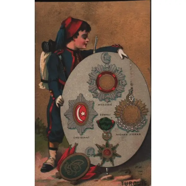 Osmanlı nişanları görselli Fransızca çikolata kartı, 7x11 cm