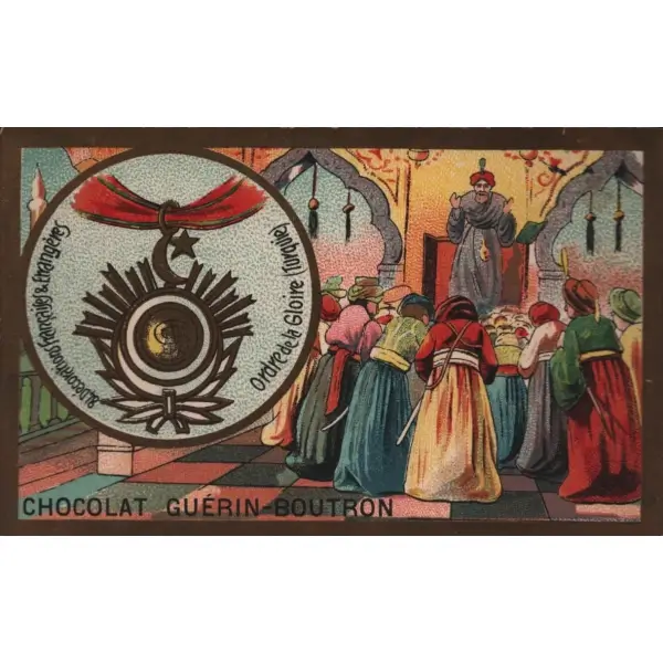 Zafer Nişanı görselli Fransızca çikolata kartı, Chocolat Guérin-Boutron, ed. Herold, Paris, 7x11 cm