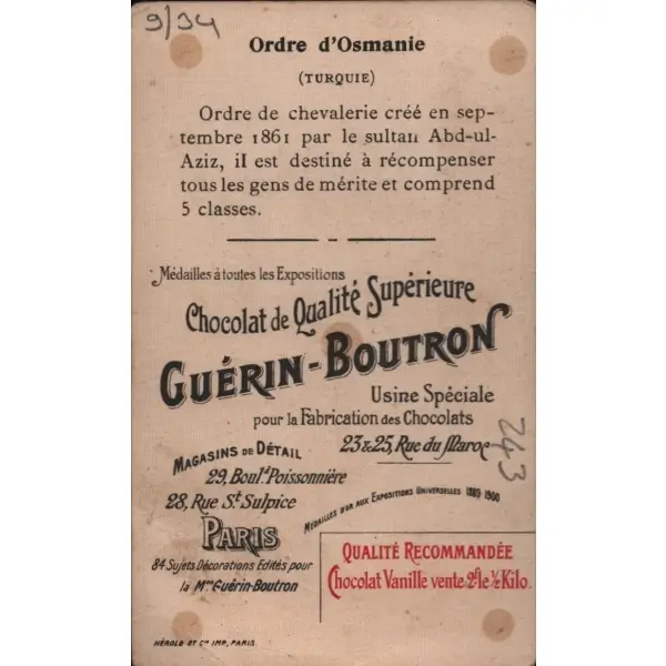 Osmaniye Nişanı görselli Fransızca çikolata kartı, Chocolat Guérin-Boutron, ed. Herold, Paris, 7x11 cm