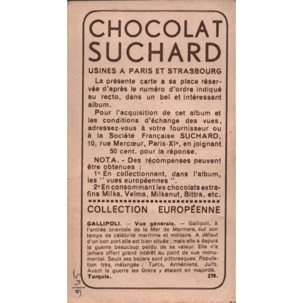 Çanakkale görselli Fransızca çikolata kartı, Foto Rap, Chocolat Suchard, 5x10 cm